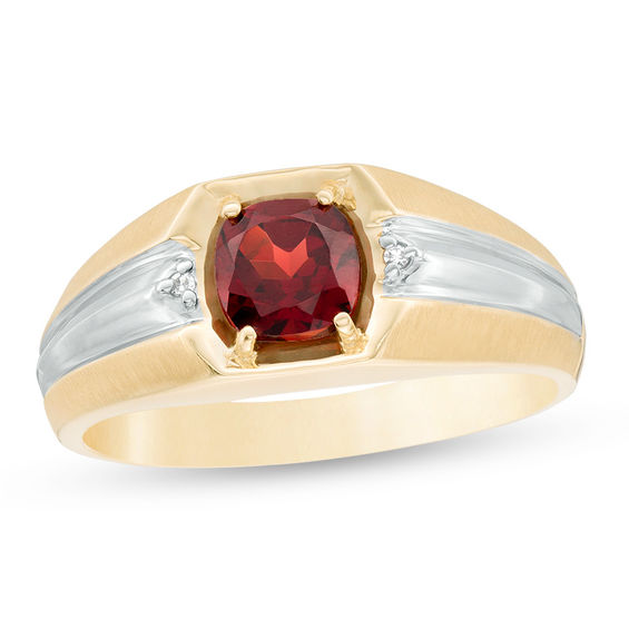 Men's 6.0mm Cushion-Cut Garnet and Diamond Accent Multi-Finish Ring in 10K Two-Tone Gold Men's 6.0mm Cushion-Cut Garnet and Diamond Accent Multi-Finish Ring in 10K Two-Tone Gold