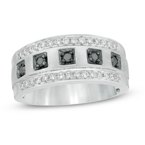 Men's 1/2 CT. T.W. Enhanced Black and White Diamond Border Five Stone Multi-Finish Ring in 10K White Gold Men's 1/2 CT. T.W. Enhanced Black and White Diamond Border Five Stone Multi-Finish Ring in 10K White Gold