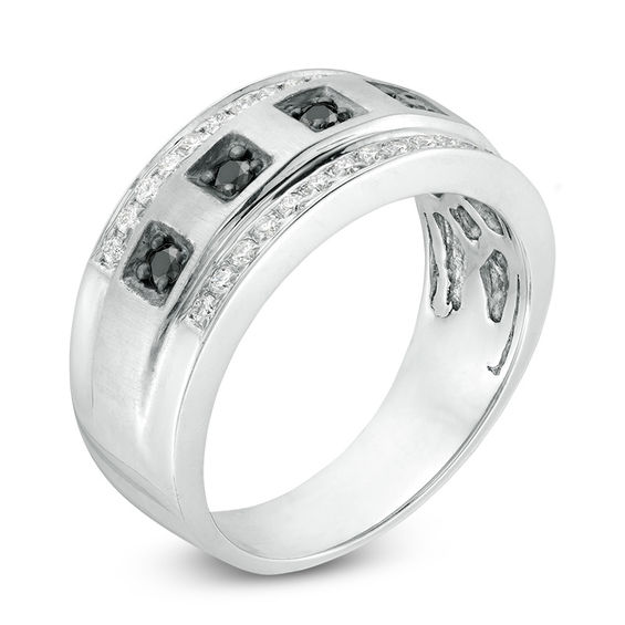 Men's 1/2 CT. T.W. Enhanced Black and White Diamond Border Five Stone Multi-Finish Ring in 10K White Gold Men's 1/2 CT. T.W. Enhanced Black and White Diamond Border Five Stone Multi-Finish Ring in 10K White Gold