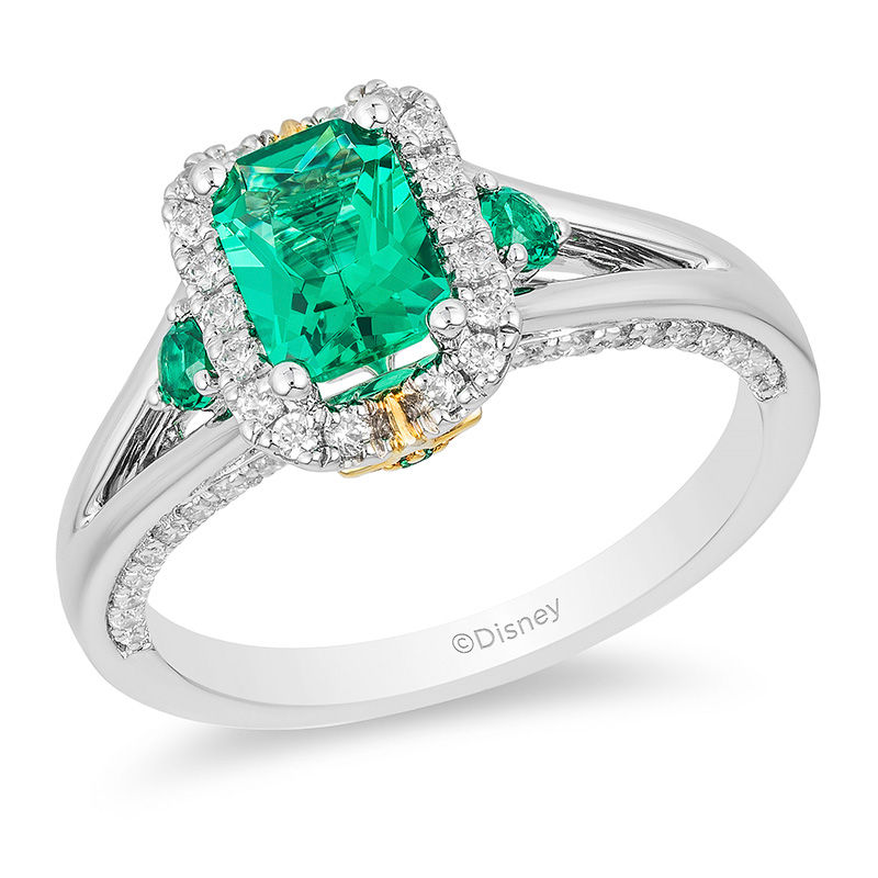 Main Image 1 of Enchanted Disney Tinker Bell Emerald-Cut Green Topaz and 1/3 CT. T.W. Diamond Star Engagement Ring in 14K Two-Tone Gold