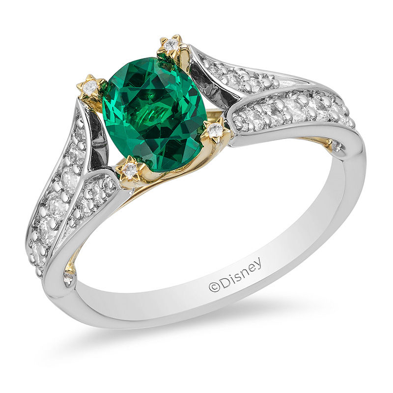 Enchanted Disney Tinker Bell Oval Green Topaz and 1/3 CT. T.W. Diamond Star Engagement Ring in 14K Two-Tone Gold