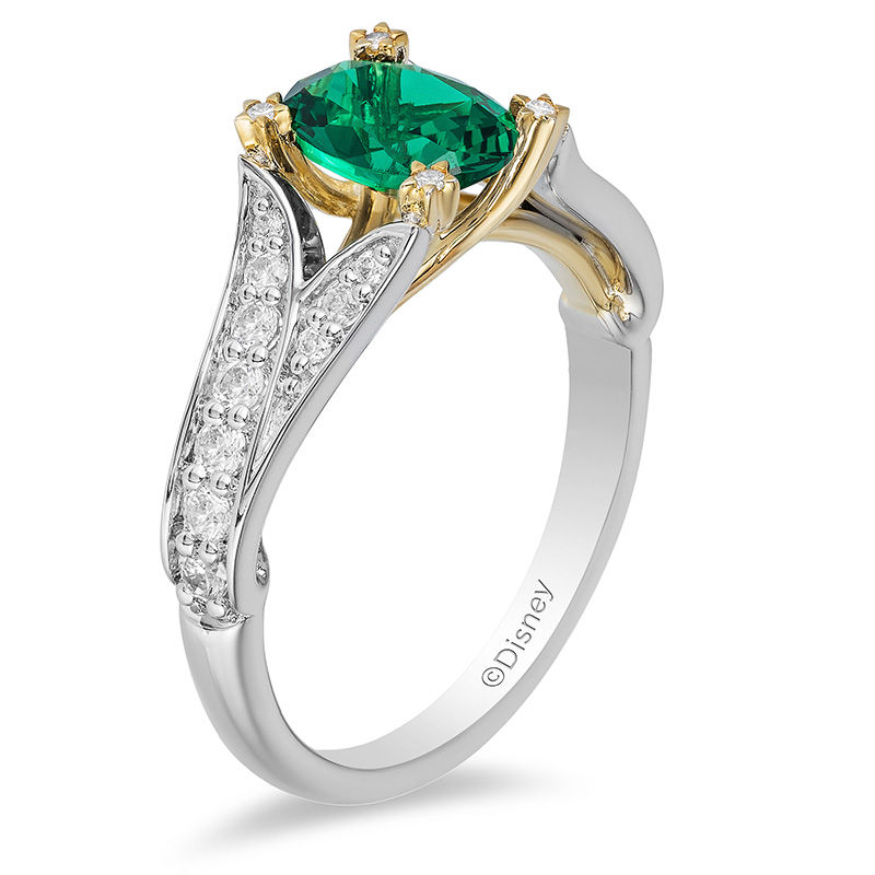 Enchanted Disney Tinker Bell Oval Green Topaz and 1/3 CT. T.W. Diamond Star Engagement Ring in 14K Two-Tone Gold