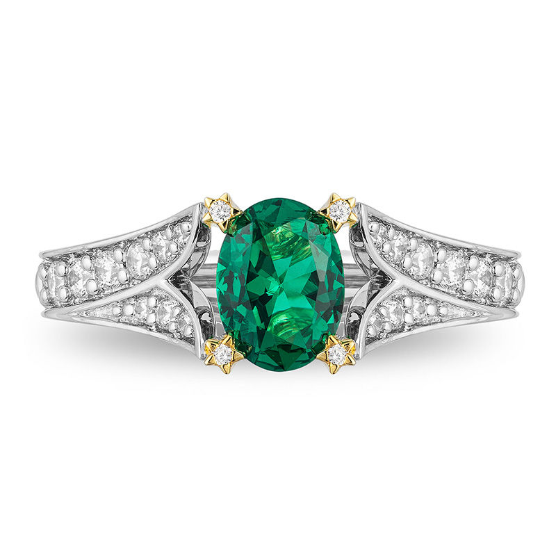 Enchanted Disney Tinker Bell Oval Green Topaz and 1/3 CT. T.W. Diamond Star Engagement Ring in 14K Two-Tone Gold