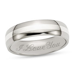 6.0mm Engravable Wedding Band  in Stainless Steel with Sterling Silver center Stripe (1 Line)