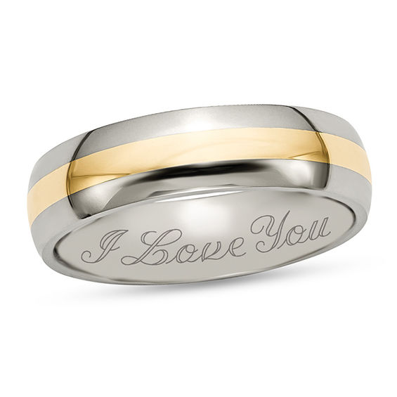 Men's 6.0mm Engravable Wedding Band in Titanium with 14K Gold Inlay (1 Line)