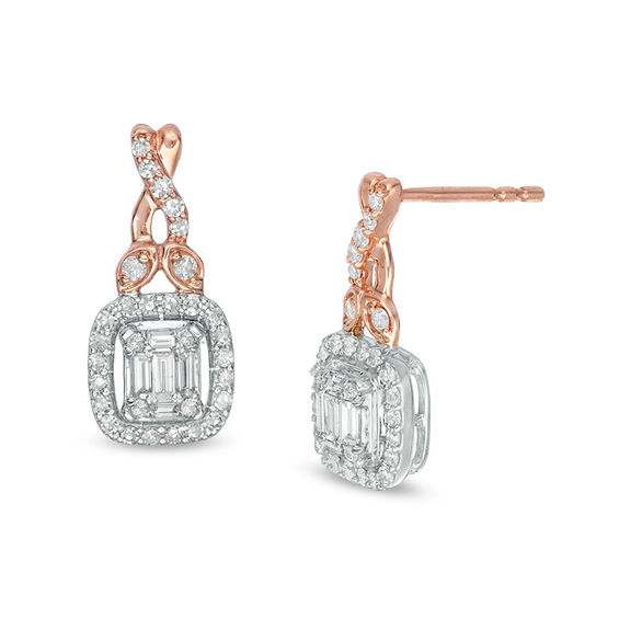 1/2 CT.T.W. Composite Diamond Cushion Frame Petal-Topped Twist Drop Earrings in 10K Two-Tone Gold 1/2 CT.T.W. Composite Diamond Cushion Frame Petal-Topped Twist Drop Earrings in 10K Two-Tone Gold