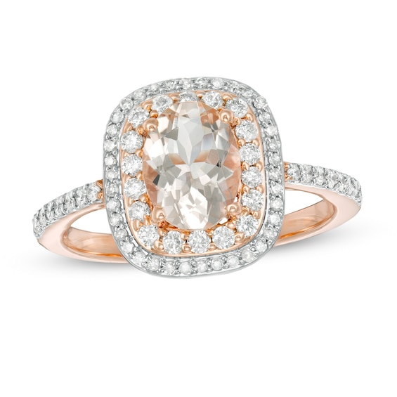Oval Morganite and 3/8 CT. T.w. Diamond Double Cushion Frame Ring in 10K Rose Gold