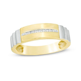 Diamond Accent Groove Ribbed Shank Band in Sterling Silver and 14K Gold Plate