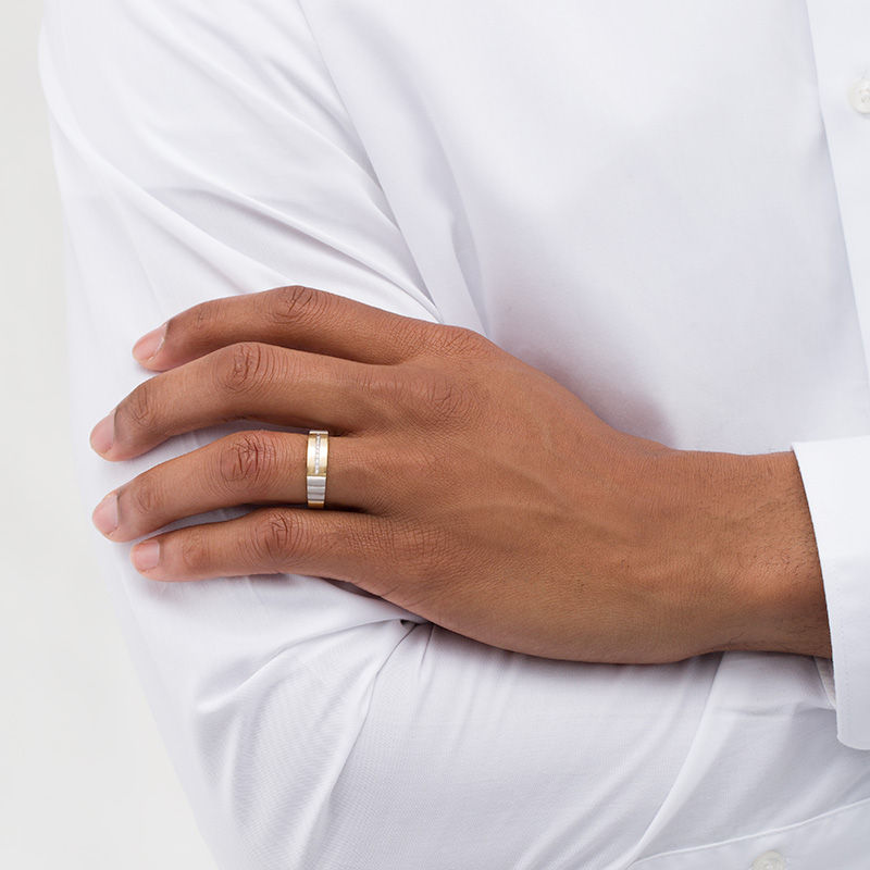 Main Image 2 of Diamond Accent Groove Ribbed Shank Band in Sterling Silver and 14K Gold Plate