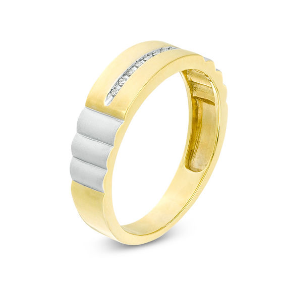 Diamond Accent Groove Ribbed Shank Band in Sterling Silver and 14K Gold Plate