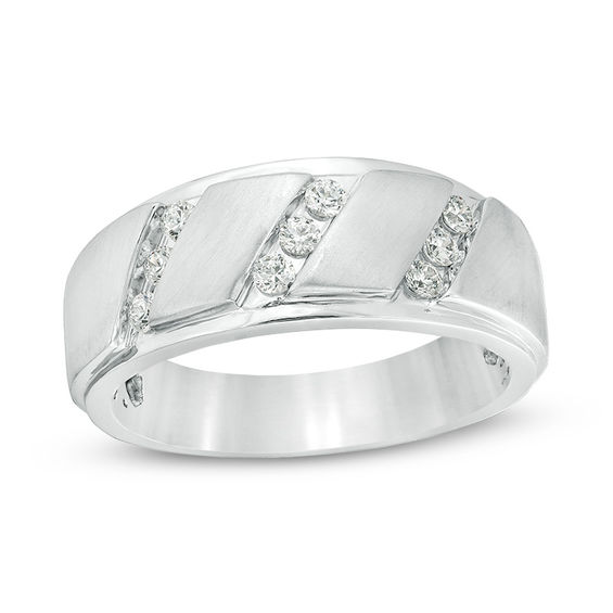 Men's 1/3 CT. T.W. Diamond Triple Row Slant Bevelled Edge Multi-Finish Band in 10K White Gold Men's 1/3 CT. T.W. Diamond Triple Row Slant Bevelled Edge Multi-Finish Band in 10K White Gold
