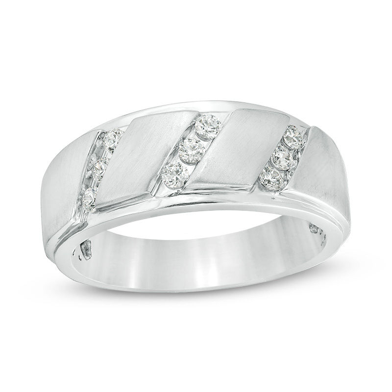Main Image 1 of 1/3 CT. T.W. Diamond Triple Row Slant Bevelled Edge Multi-Finish Band in 10K White Gold