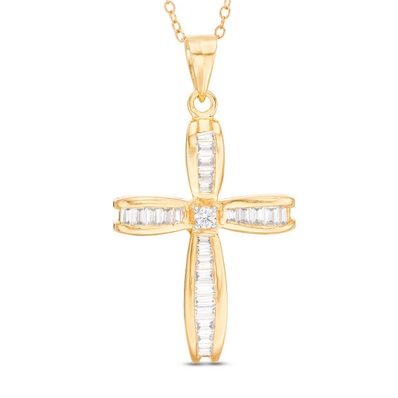 7/8 CT. T.w. Baguette and Round Diamond Cross Pendant in 14K Gold