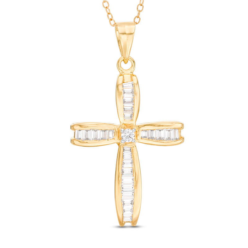 Main Image 1 of 7/8 CT. T.W. Baguette and Round Diamond Cross Pendant in 14K Gold