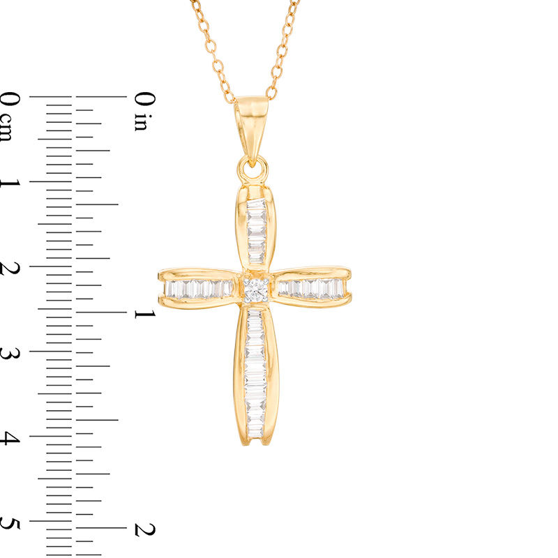 Main Image 2 of 7/8 CT. T.W. Baguette and Round Diamond Cross Pendant in 14K Gold