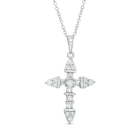 1 CT. T.w. Baguette and Round Diamond Cross Pendant in 14K White Gold
