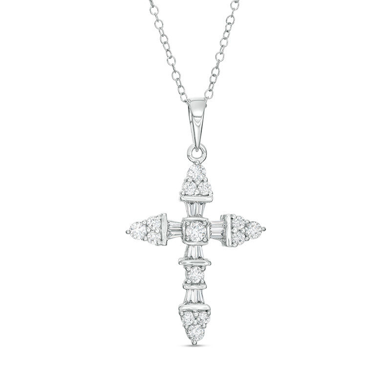 1 CT. T.W. Baguette and Round Diamond Cross Pendant in 14K White Gold
