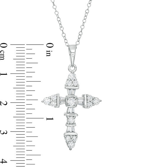 1 CT. T.w. Baguette and Round Diamond Cross Pendant in 14K White Gold
