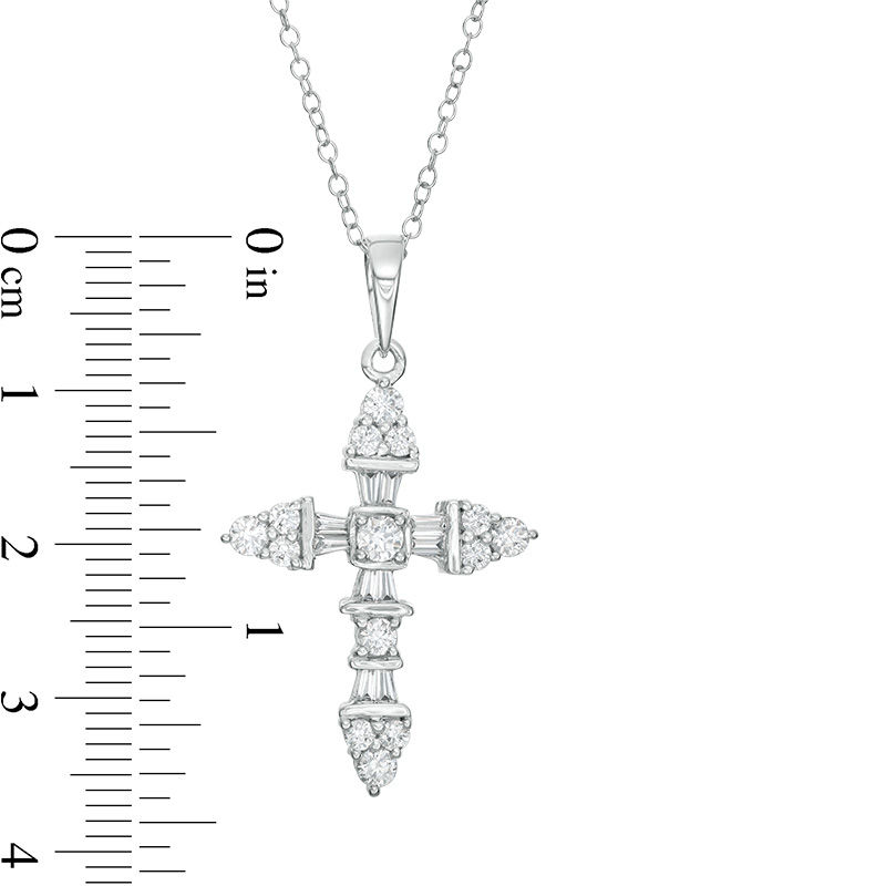 1 CT. T.W. Baguette and Round Diamond Cross Pendant in 14K White Gold