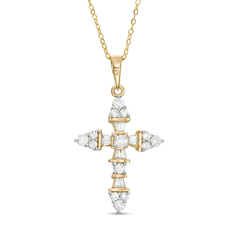 1 CT. T.W. Baguette and Round Diamond Cross Pendant in 14K Gold