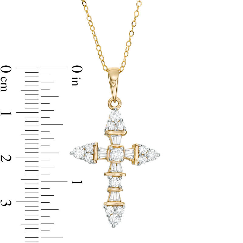 Main Image 2 of 1 CT. T.W. Baguette and Round Diamond Cross Pendant in 14K Gold
