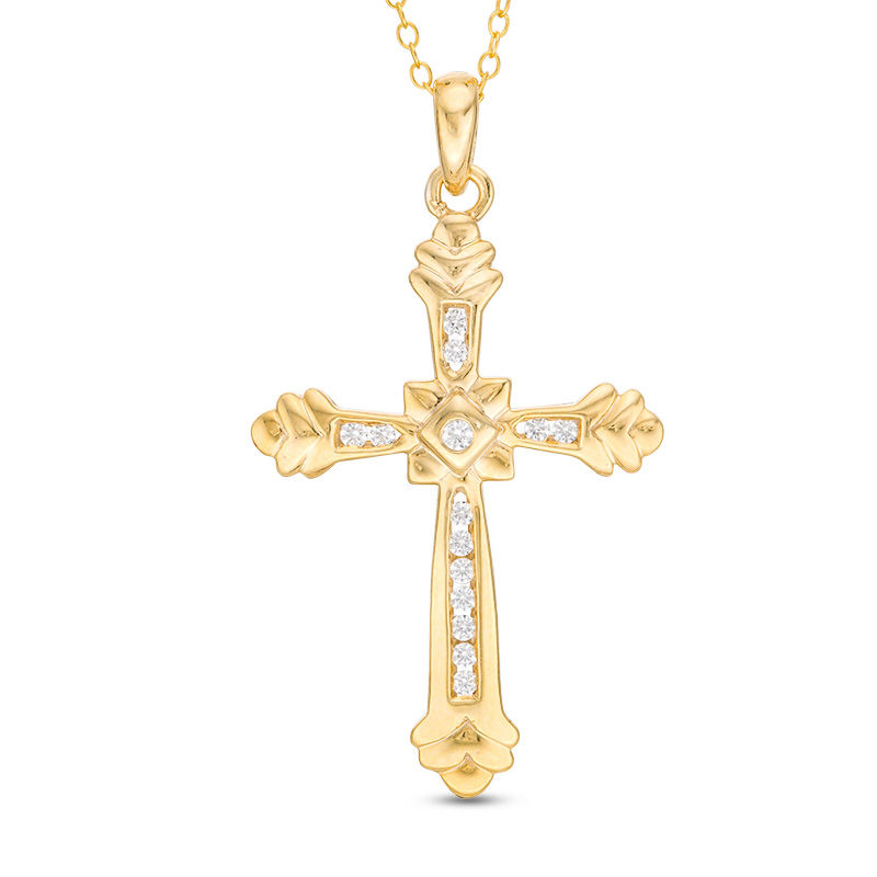Main Image 1 of 1/4 CT. T.W. Diamond Double Chevron-Ends Cross Pendant in 14K Gold