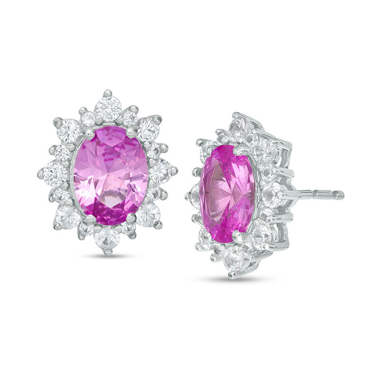 Main Image 1 of Oval Lab-Created Pink and White Sapphire Sunburst Frame Stud Earrings in Sterling Silver