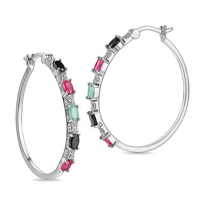 Round Synthetic Ruby Cubic Zirconia Five Stone Hoop Earrings Sterling Silver 