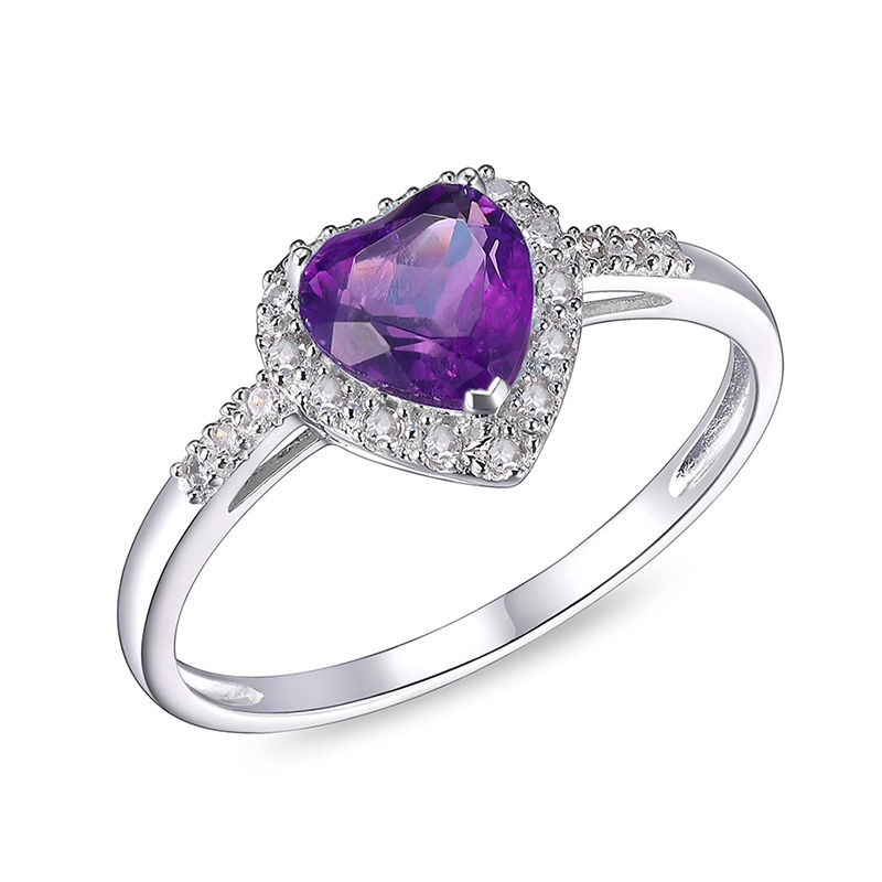 Main Image 1 of 6.0mm Heart-Shaped Amethyst and 1/10 CT. T.W. Diamond Frame Ring in 10K White Gold