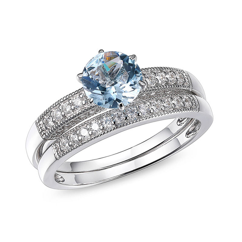 6.5mm Aquamarine and 1/4 CT. T.W. Diamond Vintage-Style Bridal Set in 10K White Gold