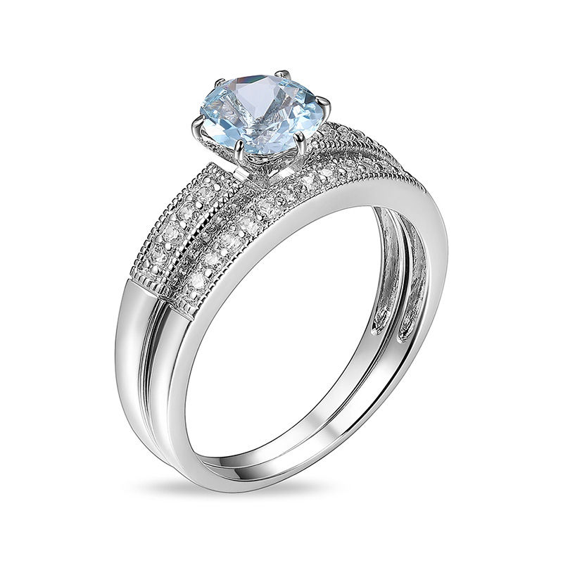 6.5mm Aquamarine and 1/4 CT. T.W. Diamond Vintage-Style Bridal Set in 10K White Gold