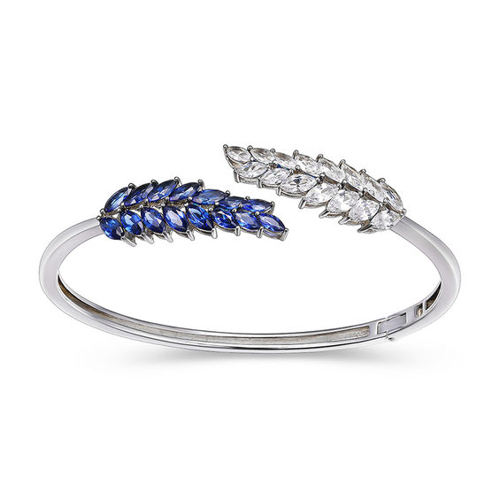 Marquise Lab-Created Blue and White Sapphire Leafy Branch Bypass Bangle in Sterling Silver - 7.25" Marquise Lab-Created Blue and White Sapphire Leafy Branch Bypass Bangle in Sterling Silver - 7.25"