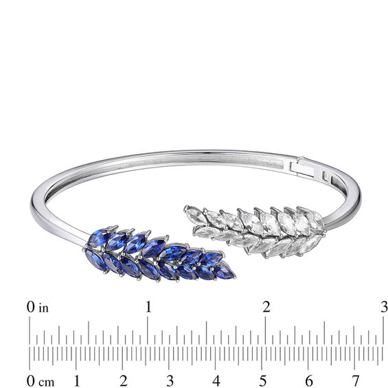 Marquise Lab-Created Blue and White Sapphire Leafy Branch Bypass Bangle in Sterling Silver -