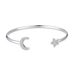Lab-Created White Sapphire Crescent Moon and Star Cuff in Sterling Silver - 7.25&quot;