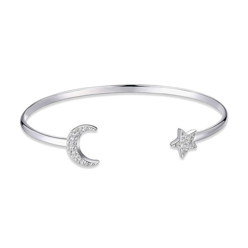 Lab-Created White Sapphire Crescent Moon and Star Cuff in Sterling Silver - 7.25"