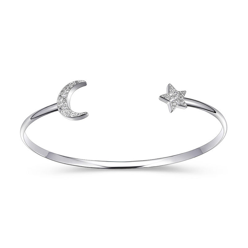 Lab-Created White Sapphire Crescent Moon and Star Cuff in Sterling Silver - 7.25"