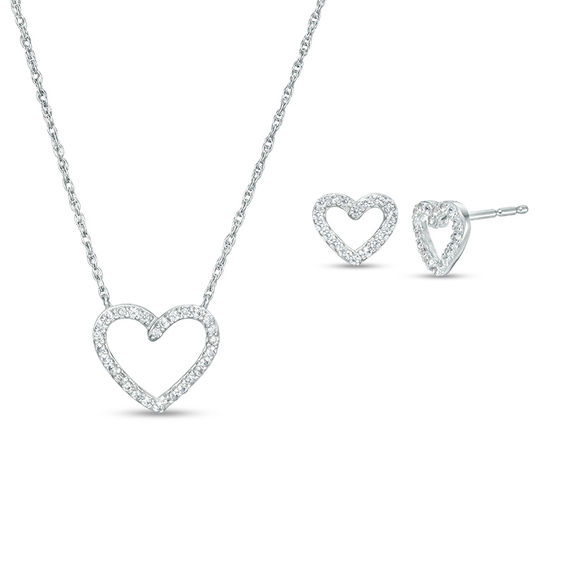 Lab-Created White Sapphire Heart Outline Necklace and Stud Earrings Set in Sterling Silver