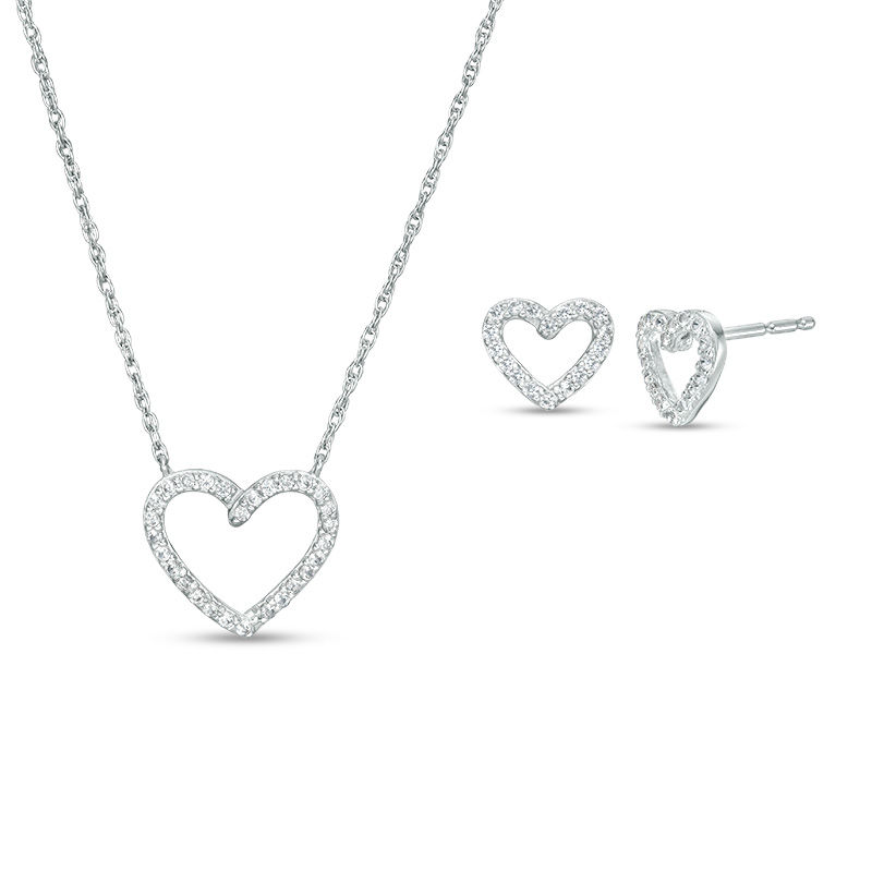 Main Image 1 of Lab-Created White Sapphire Heart Outline Necklace and Stud Earrings Set in Sterling Silver