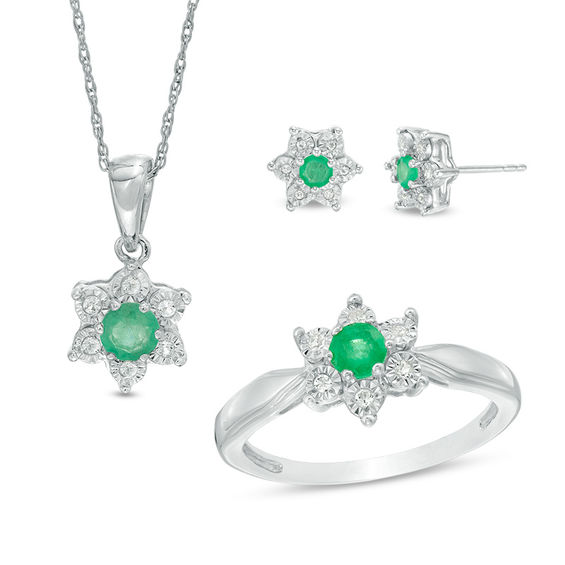 Emerald and White Topaz Flower Pendant, Stud Earrings and Ring Set in