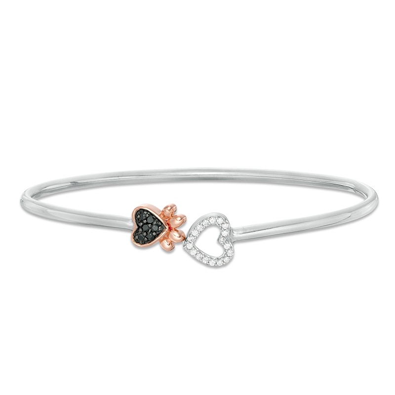 Main Image 1 of 1/5 CT. T.W. Enhanced Black and White Diamond Paw Print and Heart Open Flex Bangle in Sterling Silver and 10K Rose Gold