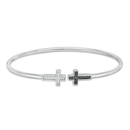 1/10 CT. T.W. Enhanced Black and White Diamond Sideways Cross Open Flex Bangle in Sterling Silver