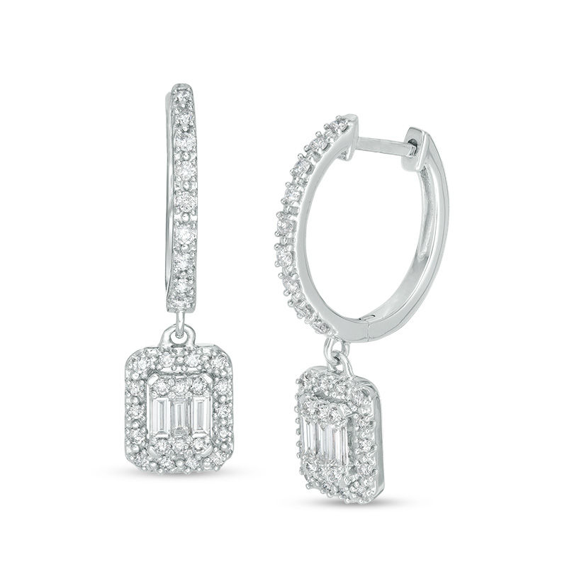 1/2 CT. T.W. Composite Diamond Rectangular Frame Hoop Drop Earrings in ...