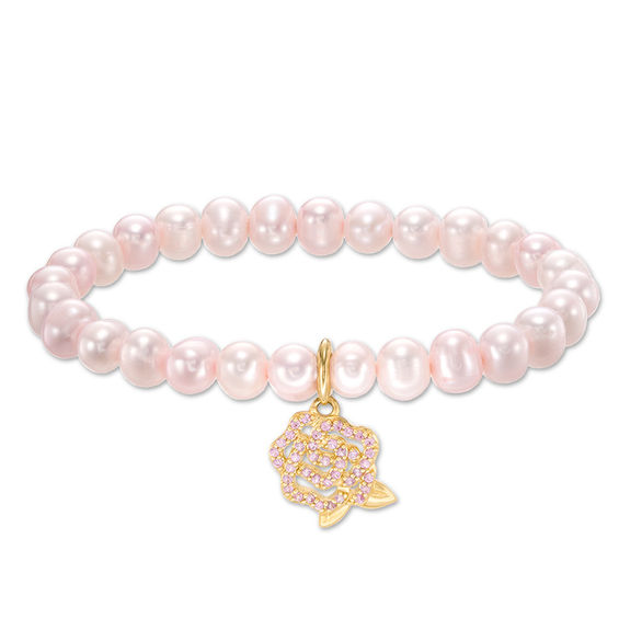 Child's Disney Twinkle Belle Dyed Pink Freshwater Cultured Pearl and Pink Sapphire Rose in 14K Gold Bracelet-5.0"