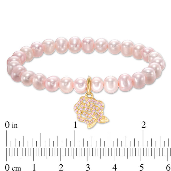 Child's Disney Twinkle Belle Dyed Pink Freshwater Cultured Pearl and Pink Sapphire Rose in 14K Gold Bracelet-5.0"