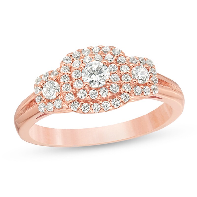 Main Image 1 of 1/2 CT. T.W. Diamond Past Present Future® Double Cushion Frame Engagement Ring in 10K Rose Gold