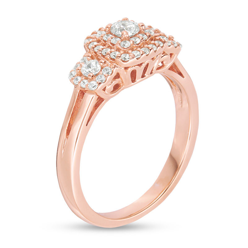Main Image 3 of 1/2 CT. T.W. Diamond Past Present Future® Double Cushion Frame Engagement Ring in 10K Rose Gold