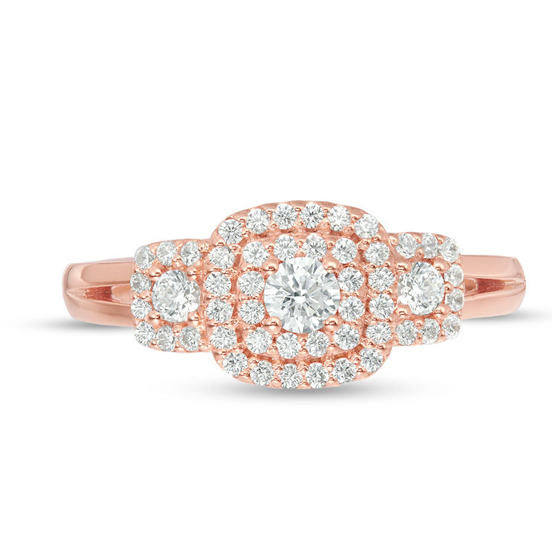 Main Image 5 of 1/2 CT. T.W. Diamond Past Present Future® Double Cushion Frame Engagement Ring in 10K Rose Gold