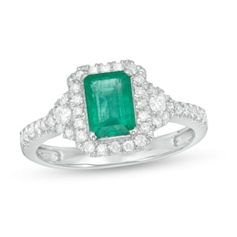 Emerald-Cut Emerald and 3/8 CT. T.W. Diamond Frame Triangle Side Accent Ring in 14K White Gold