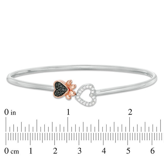 1/5 CT. T.w. Enhanced Black and White Diamond Paw Print and Heart Open Flex Bangle in Sterling Silver and 10K Rose Gold