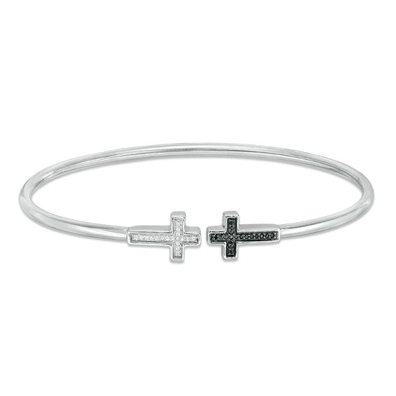 1/10 CT. T.w. Enhanced Black and White Diamond Sideways Cross Open Flex Bangle in Sterling Silver